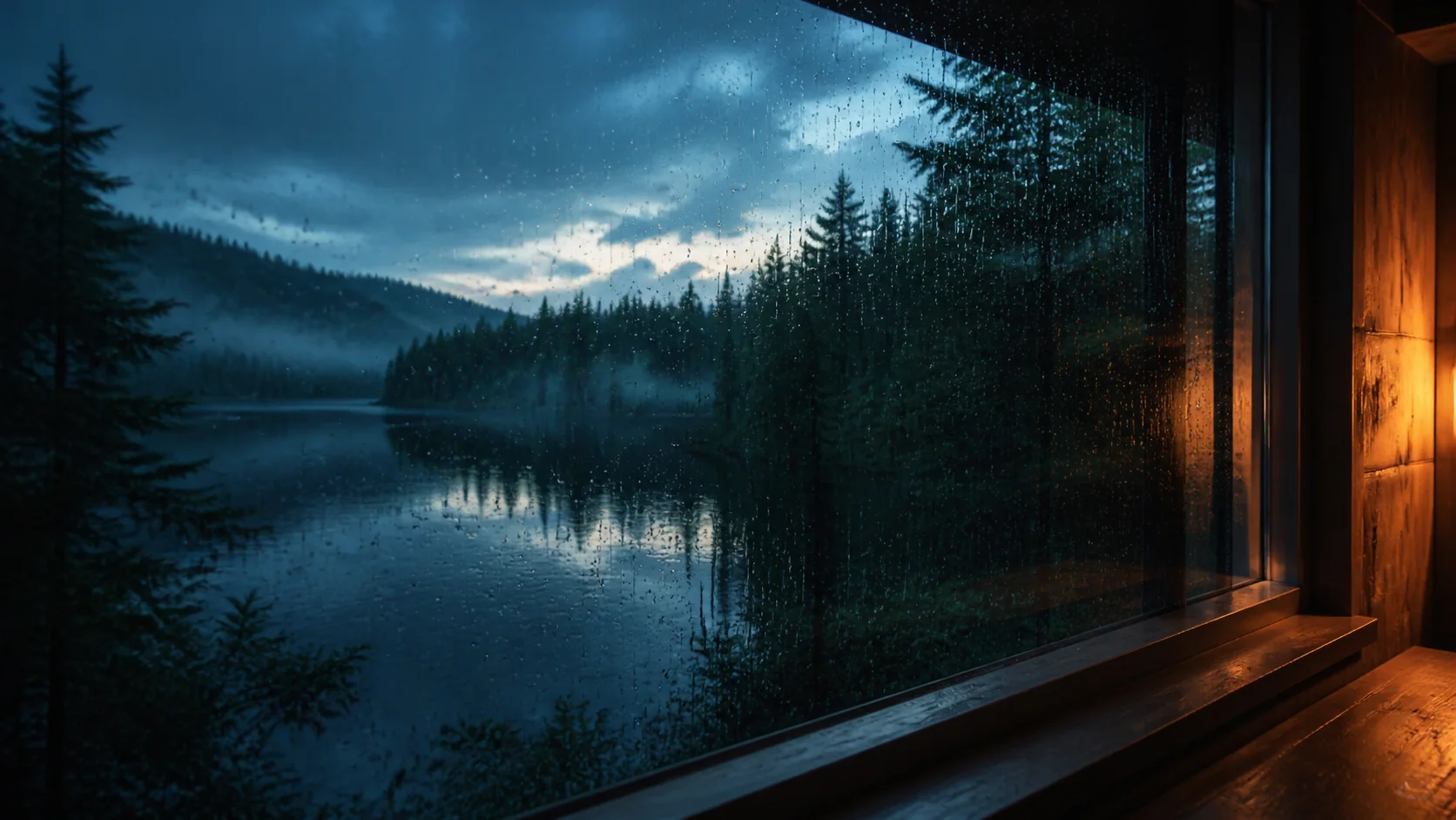 A forest lake seen through a rain-covered window at night